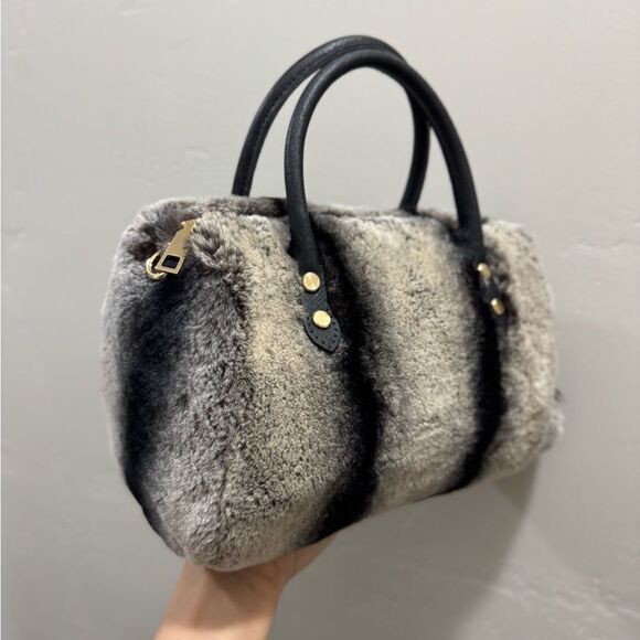 2 Tone Gradient Real Rex Rabbit Fur Boston Bag/Crossbody & 2 Fur Balls Charm - Picture 9 of 16